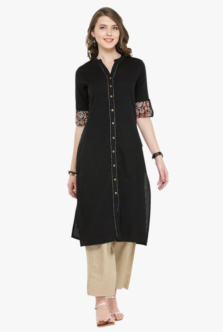 Varanga Black & Beige Cotton Kurta With Pants Varanga Black & Beige Cotton Kurta With Pants