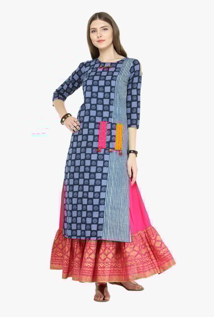 Varanga Indigo & Fuchsia Geometric Print Kurta With Skirt Varanga Indigo & Fuchsia Geometric Print Kurta With Skirt