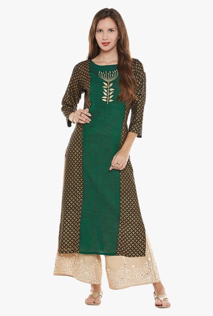 Varanga Green & Beige Embroidered Kurta With Palazzo Varanga Green & Beige Embroidered Kurta With Palazzo