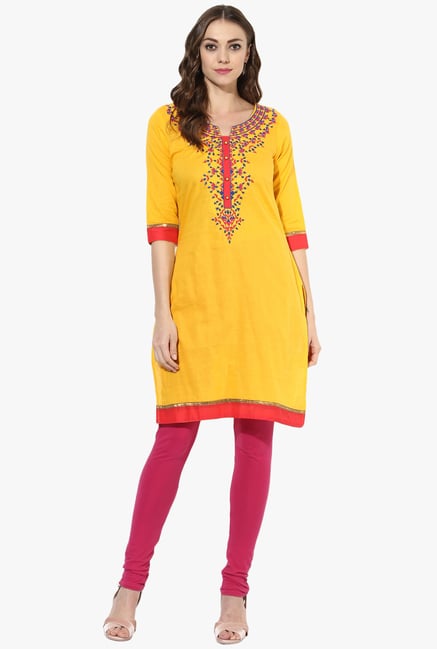Mytri Yellow Embroidered Cotton Straight Kurta Mytri Yellow Embroidered Cotton Straight Kurta
