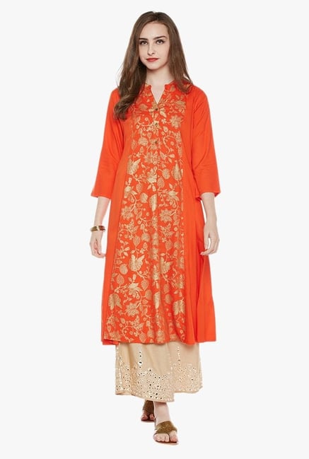 Varanga Orange & Gold Printed Kurta Varanga Orange & Gold Printed Kurta