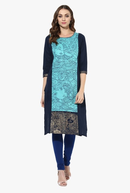 Mytri Turquoise & navy Printed Cotton Straight Kurta Mytri Turquoise & navy Printed Cotton Straight Kurta