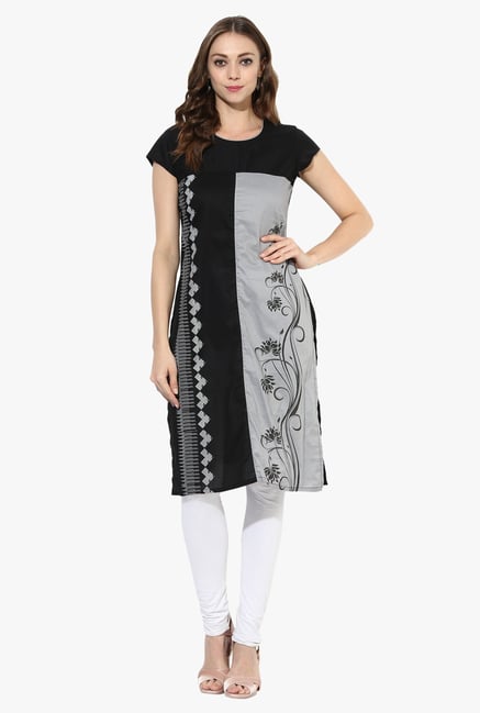 Mytri Black & Grey Printed Cotton Straight Kurta Mytri Black & Grey Printed Cotton Straight Kurta