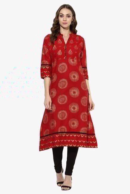 Mytri Red Printed Cotton A Line Kurta Mytri Red Printed Cotton A Line Kurta