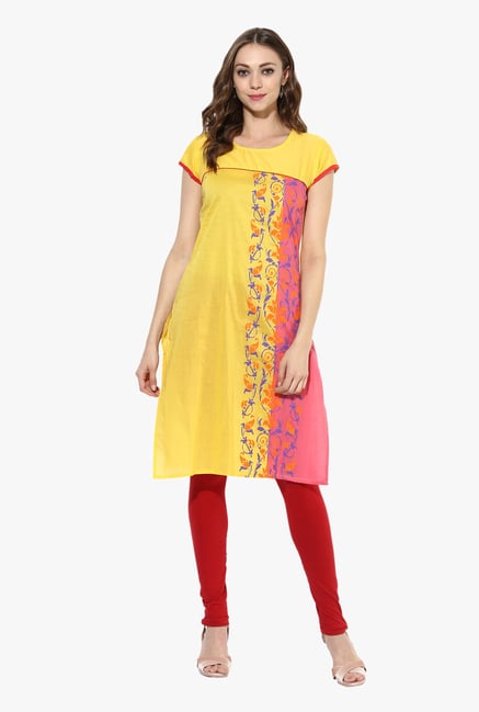 Mytri Yellow Printed Cotton Straight Kurta Mytri Yellow Printed Cotton Straight Kurta