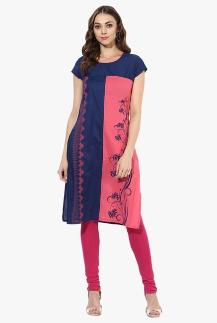 Mytri Pink & Navy Printed Cotton Straight Kurta Mytri Pink & Navy Printed Cotton Straight Kurta