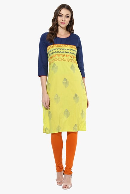 Mytri Lime & Navy Printed Cotton Straight Kurta Mytri Lime & Navy Printed Cotton Straight Kurta