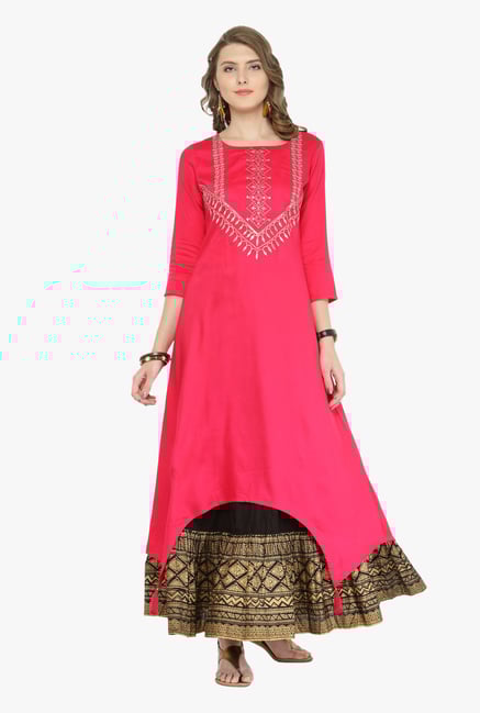 Varanga Pink & Black Embroidered Kurta With Skirt Varanga Pink & Black Embroidered Kurta With Skirt