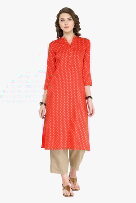 Varanga Red & Beige Printed Kurta With Pants Varanga Red & Beige Printed Kurta With Pants