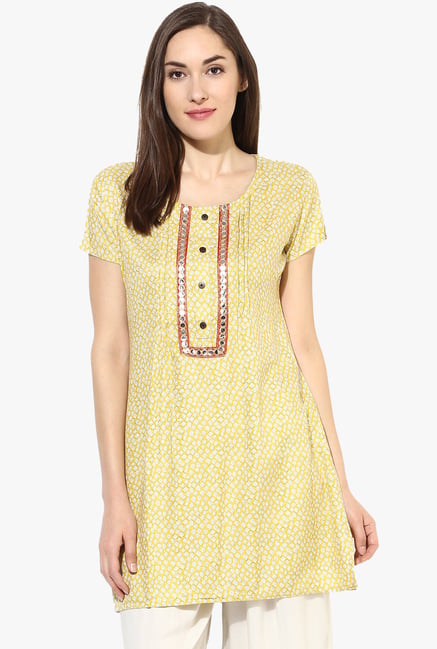 Mytri Yellow Printed Rayon Kurti Mytri Yellow Printed Rayon Kurti