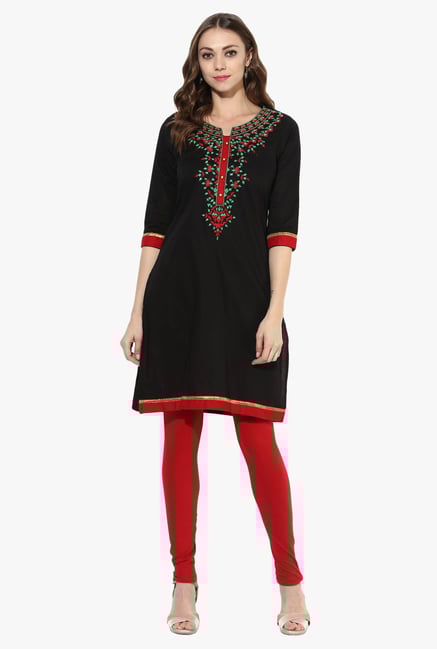 Mytri Black Embroidered Cotton Straight Kurta Mytri Black Embroidered Cotton Straight Kurta