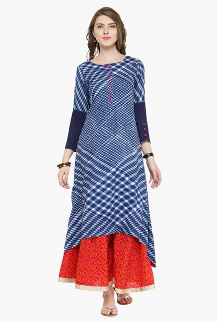 Varanga Indigo & Pink Geometric Print Kurta With Palazzo Varanga Indigo & Pink Geometric Print Kurta With Palazzo
