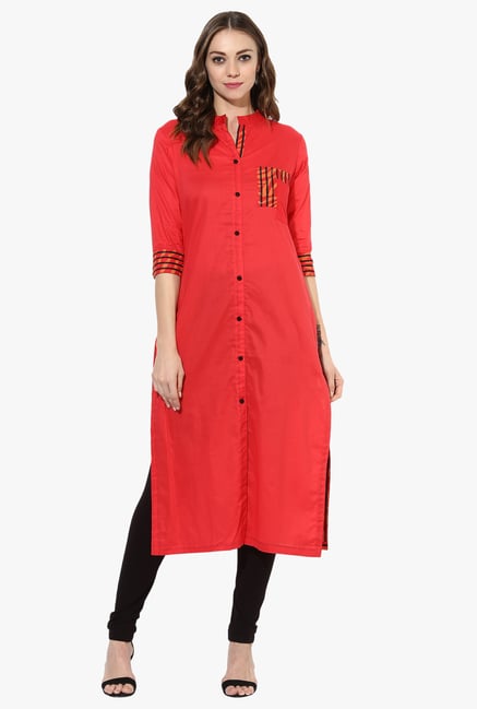 Mytri Red Cotton Straight Kurta Mytri Red Cotton Straight Kurta