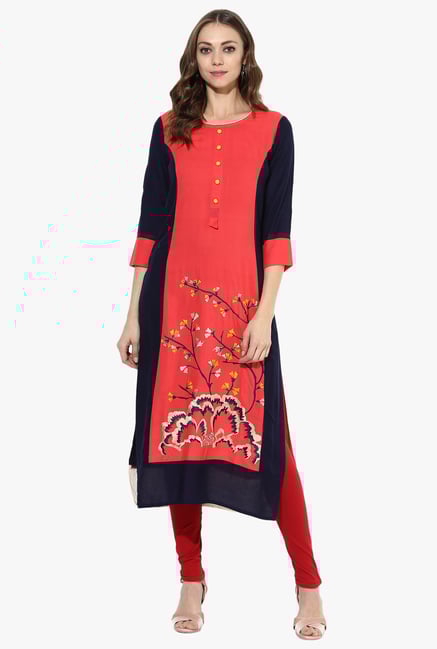 Mytri Coral Printed Rayon Straight Kurta Mytri Coral Printed Rayon Straight Kurta