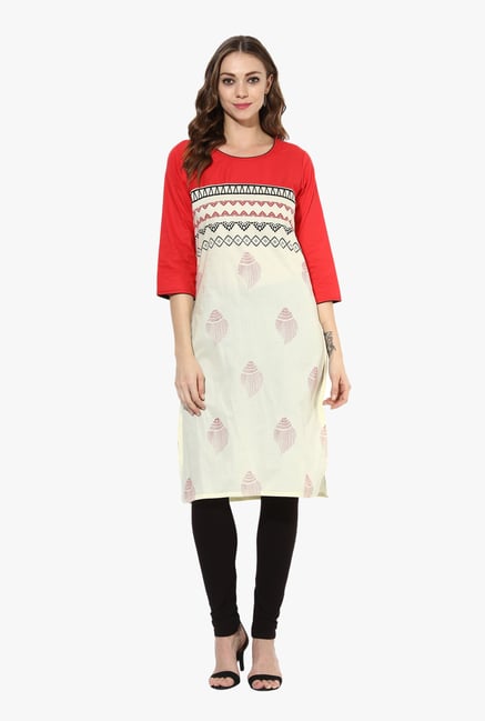 Mytri Off White & Red Printed Cotton Straight Kurta Mytri Off White & Red Printed Cotton Straight Kurta