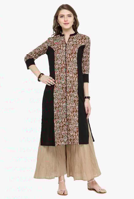 Varanga Black & Beige Printed Cotton Kurta With Palazzo Varanga Black & Beige Printed Cotton Kurta With Palazzo