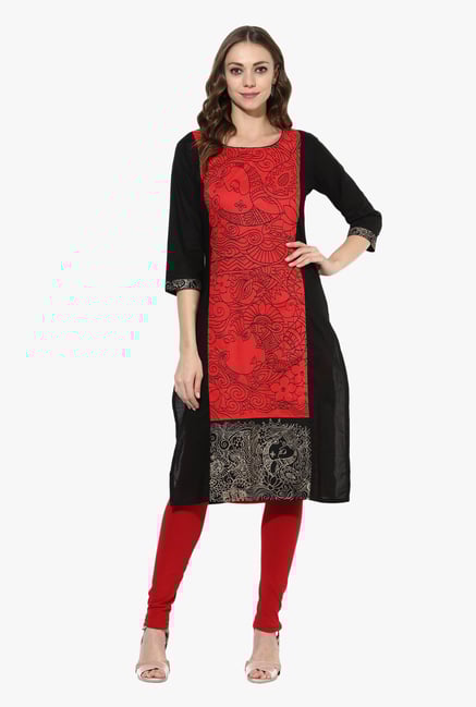 Mytri Red & Black Printed Cotton Straight Kurta Mytri Red & Black Printed Cotton Straight Kurta