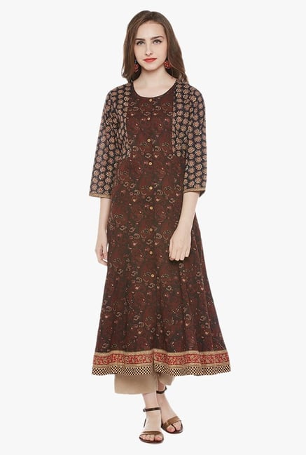 Varanga Brown & Beige Printed Cotton Kurta With Pants Varanga Brown & Beige Printed Cotton Kurta With Pants