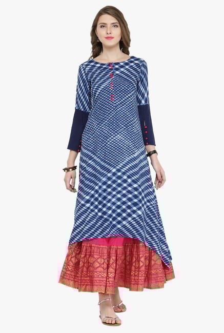 Varanga Indigo & Fuchsia Geometric Print Kurta With Skirt Varanga Indigo & Fuchsia Geometric Print Kurta With Skirt