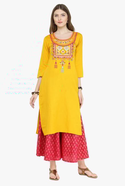 Varanga Yellow & Pink Embroidered Kurta With Palazzo Varanga Yellow & Pink Embroidered Kurta With Palazzo