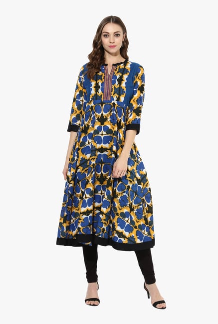 Mytri Blue & Black Printed Cotton Anarkali Kurta Mytri Blue & Black Printed Cotton Anarkali Kurta