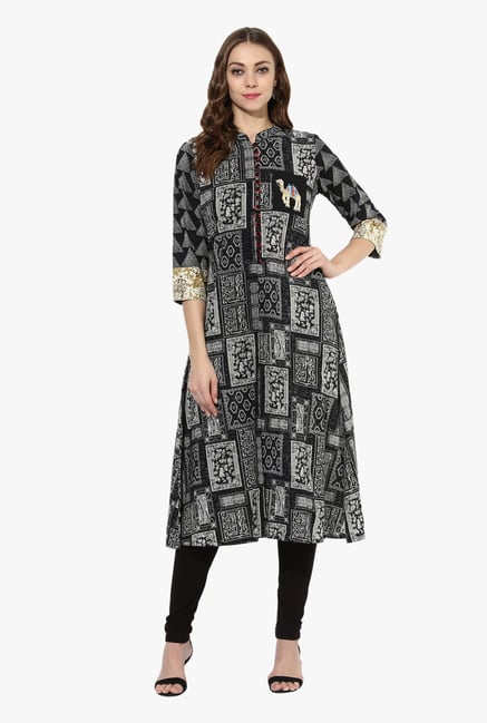 Mytri Black Printed Cotton A Line Kurta Mytri Black Printed Cotton A Line Kurta