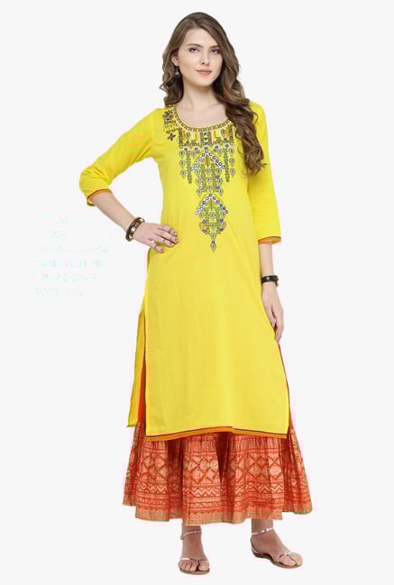 Varanga Yellow & Rust Embroidered Cotton Kurta With Skirt Varanga Yellow & Rust Embroidered Cotton Kurta With Skirt