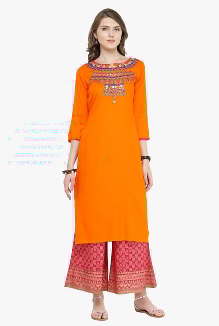 Varanga Orange & Fuchsia Embroidered Kurta With Palazzo Varanga Orange & Fuchsia Embroidered Kurta With Palazzo