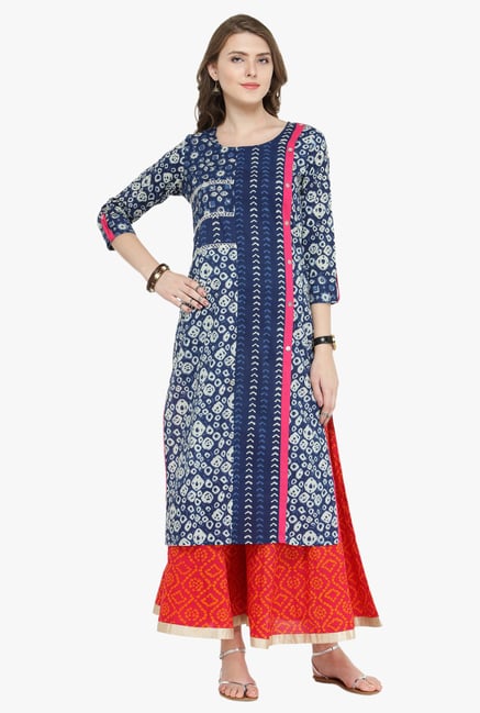 Varanga Indigo & Pink Printed Cotton Kurta With Palazzo Varanga Indigo & Pink Printed Cotton Kurta With Palazzo