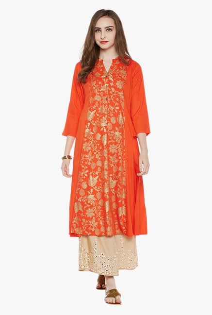Varanga Orange & Beige Printed Kurta With Palazzo Varanga Orange & Beige Printed Kurta With Palazzo