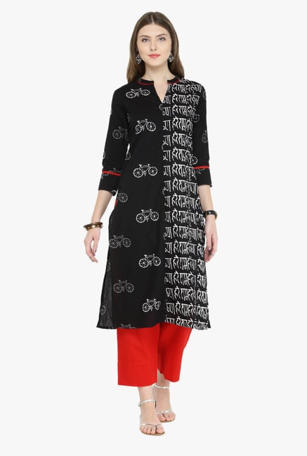 Varanga Black & Red Printed Cotton Kurta With Pants Varanga Black & Red Printed Cotton Kurta With Pants