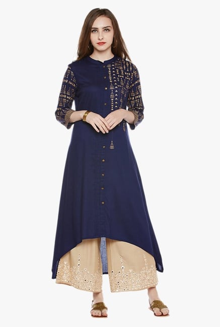 Varanga Navy & Gold Printed Kurta Varanga Navy & Gold Printed Kurta