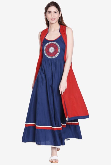 Globus Blue Embroidered Kurta With Shrug Globus Blue Embroidered Kurta With Shrug