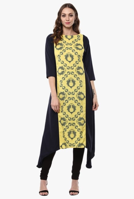 Ziyaa Navy & Yellow Printed Crepe Kurta Ziyaa Navy & Yellow Printed Crepe Kurta