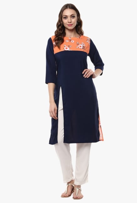 Ziyaa Navy & Orange Floral Print Crepe Kurta Ziyaa Navy & Orange Floral Print Crepe Kurta