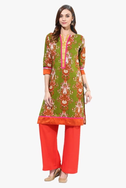 Jaipur Kurti Green & Orange Cotton Kurta With Palazzo Jaipur Kurti Green & Orange Cotton Kurta With Palazzo