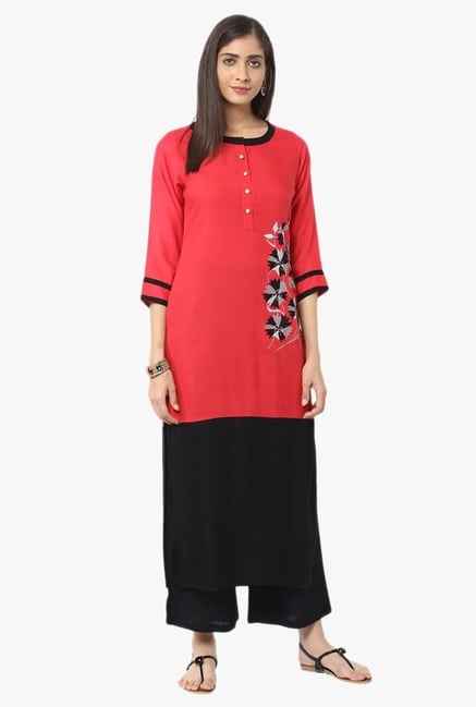 Jaipur Kurti Red & Black Embroidered Kurta With Palazzo Jaipur Kurti Red & Black Embroidered Kurta With Palazzo