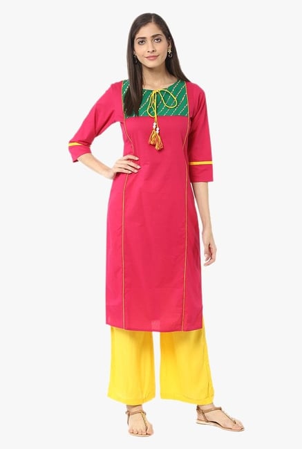 Jaipur Kurti Pink & Yellow Printed Cotton Kurta With Palazzo Jaipur Kurti Pink & Yellow Printed Cotton Kurta With Palazzo