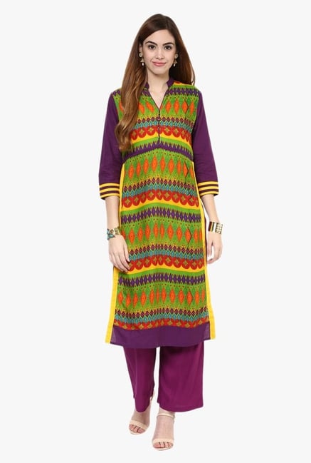 Jaipur Kurti Green & Purple Printed Rayon Kurta With Palazzo Jaipur Kurti Green & Purple Printed Rayon Kurta With Palazzo