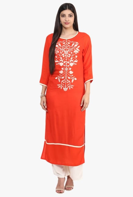 Jaipur Kurti Orange & White Embroidered Kurta With Palazzo Jaipur Kurti Orange & White Embroidered Kurta With Palazzo
