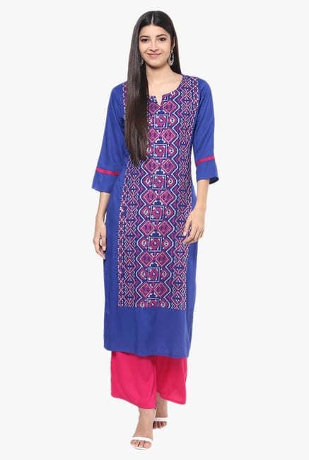 Jaipur Kurti Blue & Pink Rayon Kurta With Palazzo Jaipur Kurti Blue & Pink Rayon Kurta With Palazzo