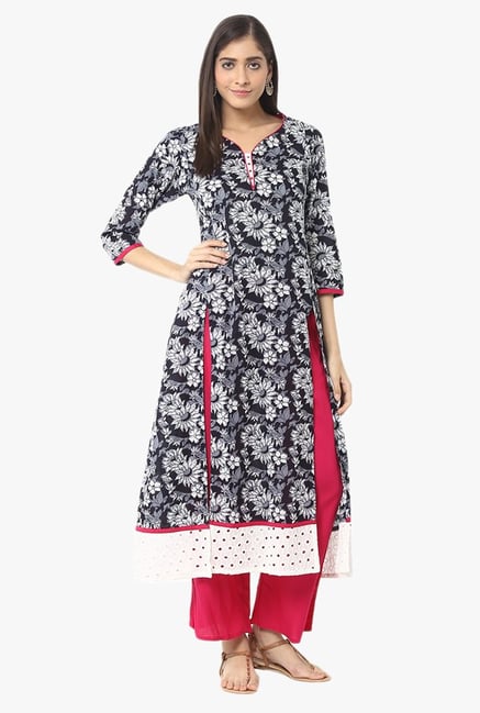 Jaipur Kurti Black & Pink Printed Cotton Kurta With Palazzo Jaipur Kurti Black & Pink Printed Cotton Kurta With Palazzo
