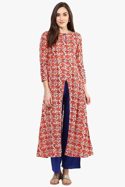 Jaipur Kurti Coral & Blue Printed Cotton Kurta With Palazzo Jaipur Kurti Coral & Blue Printed Cotton Kurta With Palazzo