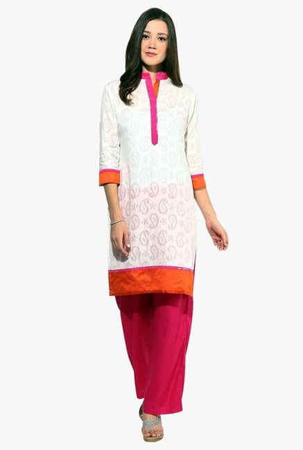 Jaipur Kurti White & Pink Jacquard Cotton Kurta With Palazzo Jaipur Kurti White & Pink Jacquard Cotton Kurta With Palazzo