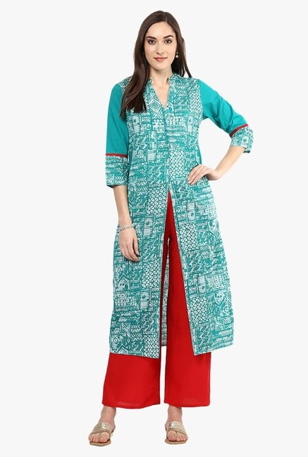 Jaipur Kurti Turquoise & Red Printed Kurta With Palazzo Jaipur Kurti Turquoise & Red Printed Kurta With Palazzo