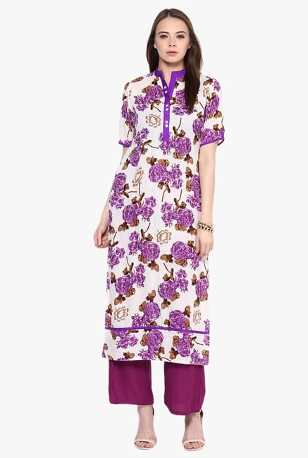 Jaipur Kurti White & Purple Cotton Kurta With Palazzo Jaipur Kurti White & Purple Cotton Kurta With Palazzo