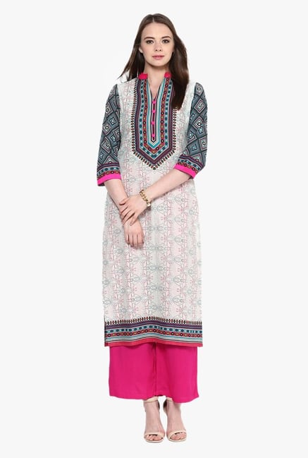 Jaipur Kurti Beige & Pink Printed Cotton Kurta With Palazzo Jaipur Kurti Beige & Pink Printed Cotton Kurta With Palazzo