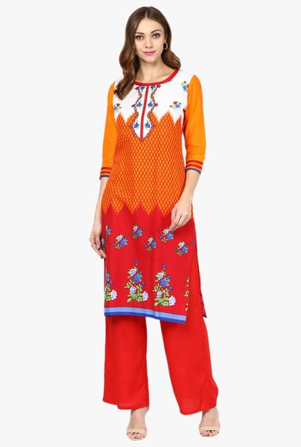 Jaipur Kurti Orange & Red Printed Cotton Kurta With Palazzo Jaipur Kurti Orange & Red Printed Cotton Kurta With Palazzo