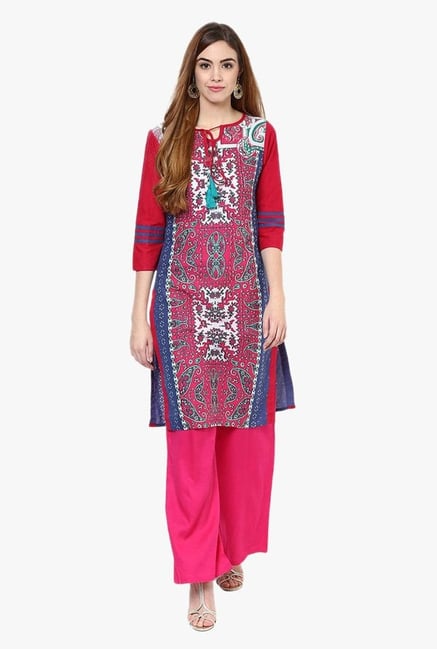 Jaipur Kurti Pink Printed Cotton Kurta With Palazzo Jaipur Kurti Pink Printed Cotton Kurta With Palazzo