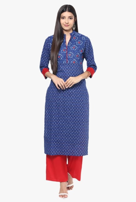 Jaipur Kurti Blue & Red Embroidered Rayon Kurta With Palazzo Jaipur Kurti Blue & Red Embroidered Rayon Kurta With Palazzo
